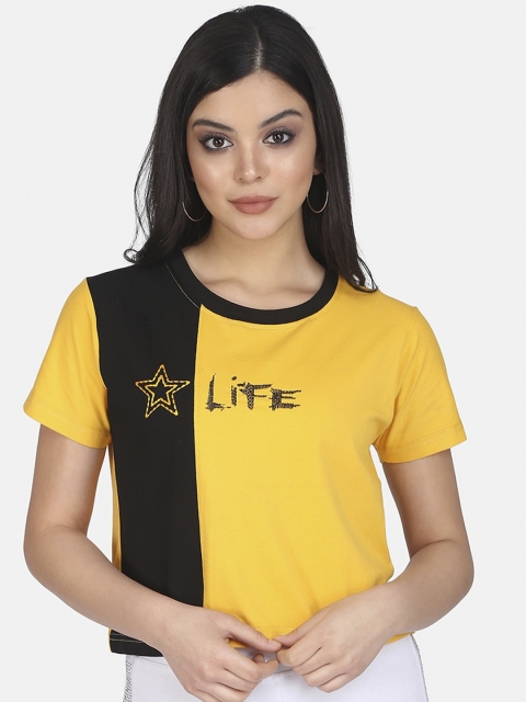 

Clothzy Women Yellow Colourblocked Round Neck T-shirt