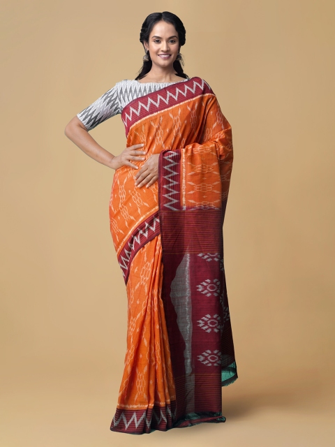 

Unnati Silks Women Orange & Maroon Pure Handloom Pochampally Ikat Cotton Sustainable Saree
