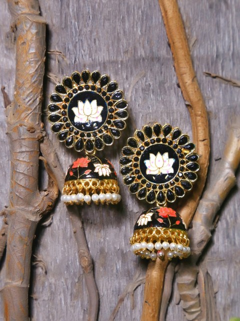 

Crunchy Fashion Black Gold-Plated Handcrafted Dome Shaped Jhumkas