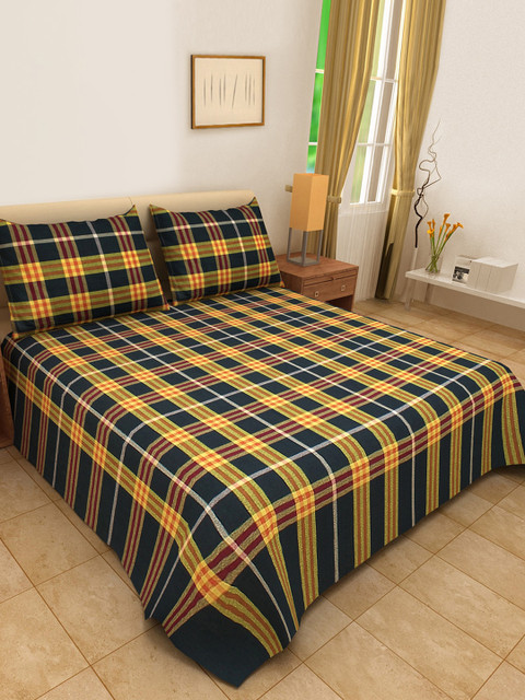

KLOTTHE Set of 2 Navy Blue & Yellow Checked Double King Bed Covers With 4 Pillow Covers