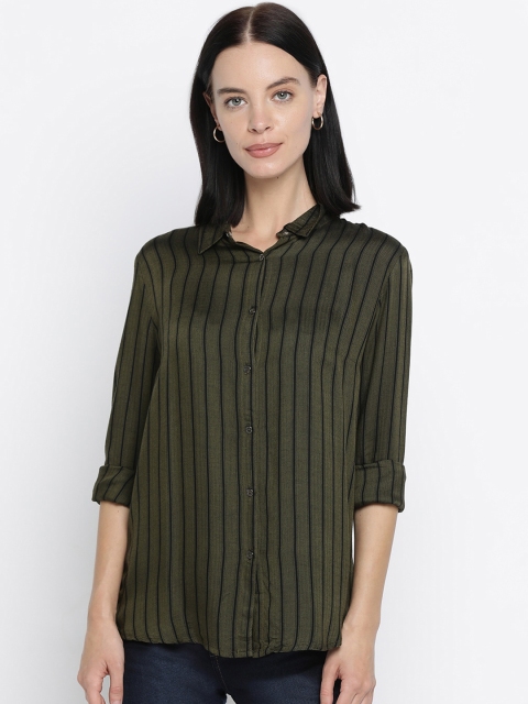 Pepe Jeans Women Olive Green Regular Fit Striped Casual Shirt