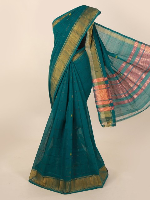 

Pothys Green & Gold-Toned Pure Cotton Checked Saree
