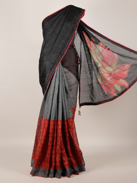 

Pothys Black & Red Jute Silk Colourblocked Saree