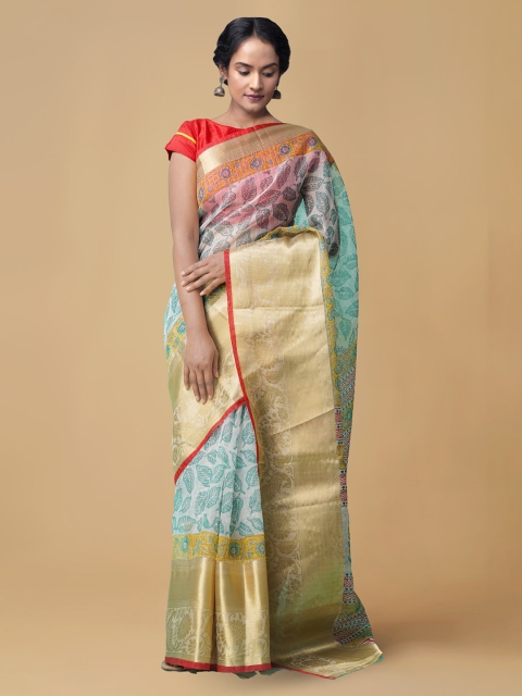 

Unnati Silks Off-White & Blue Organza Printed Chanderi Saree