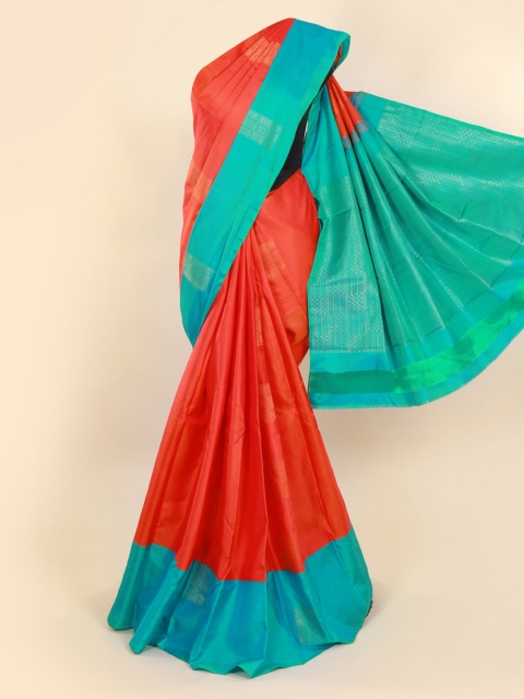 

Pothys Orange & Blue Pure Silk Colourblocked Kanjeevaram Saree