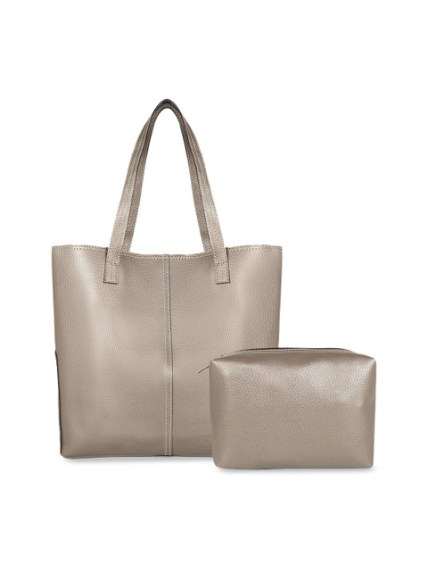 

Toteteca Silver-Toned Textured Tote Bag with Pouch