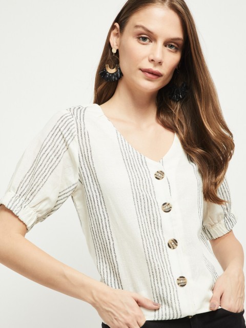 

max Women Cream-Coloured & Black Striped Shirt Style Top