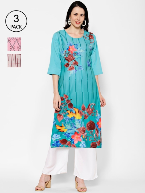 

7Threads Women Multicoloured & Blue Printed Straight Kurta Pack of 3, Multi