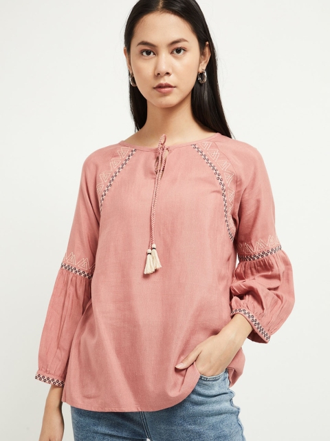 

max Women Salmon Pink Embroidered A-Line Top