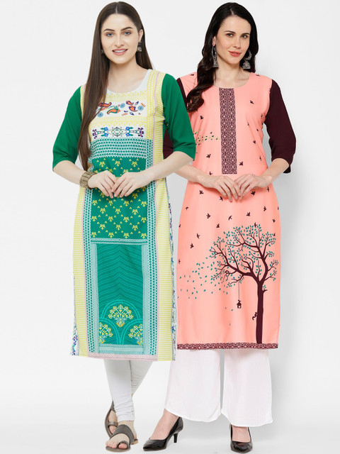 

7Threads Women Multicoloured Printed Straight Kurta Pack of 2, Multi