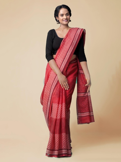 

Unnati Silks Red & White Pure Cotton Printed Kota Saree