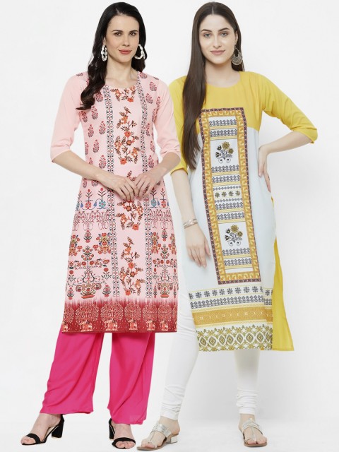 

7Threads Women Multicoloured & Pink Printed Straight Kurta Pack of 2, Multi