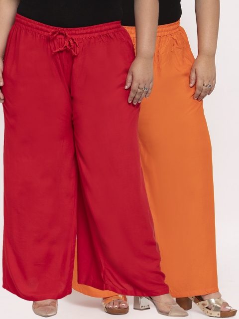 

TAG 7 PLUS Women Pack Of 2 Red & Orange Solid Flared Palazzos