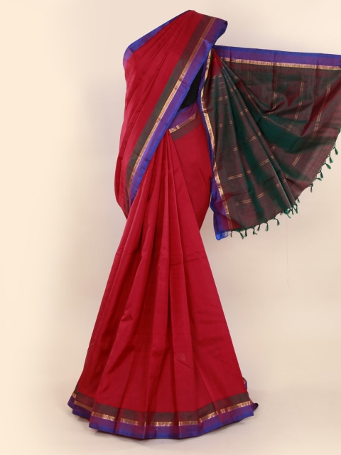 

Pothys Red & Blue Pure Silk Solid Kanjeevaram Saree