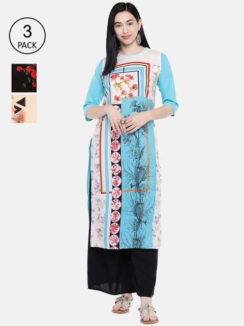 

7Threads Women Multicoloured & Blue Printed Straight Kurta Pack of 3, Multi