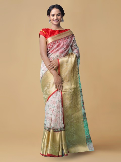 

Unnati Silks White & Gold-Toned Organza Printed Handloom Chanderi Saree