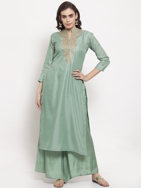 KHALOM Women Green Embroidered Kurta with Palazzos & Dupatta