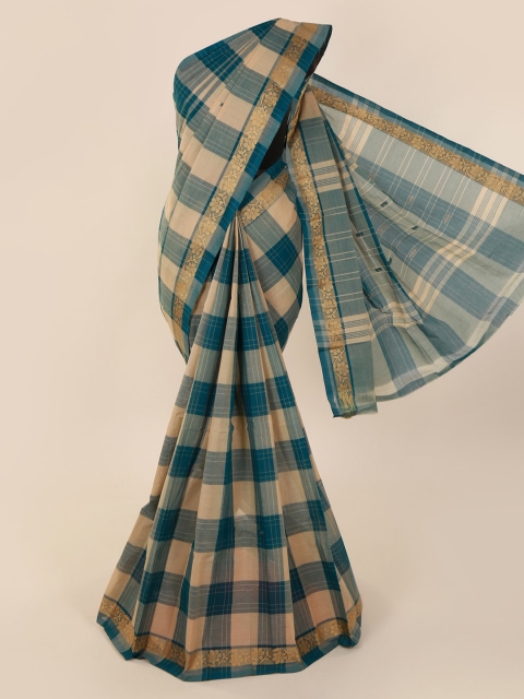 

Pothys Beige & Blue Pure Cotton Striped Saree