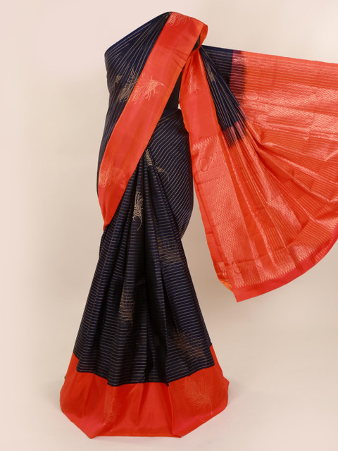 

Pothys Navy Blue & Orange Pure Silk Striped Kanjeevaram Saree
