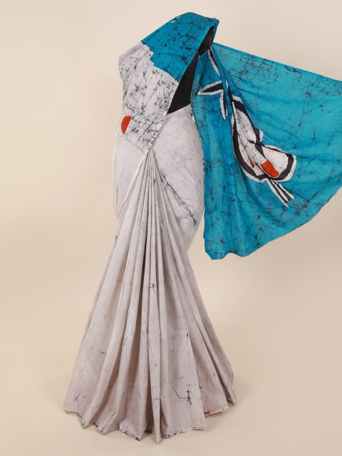

Pothys Off-White & Turquoise Blue Pure Cotton Printed Saree