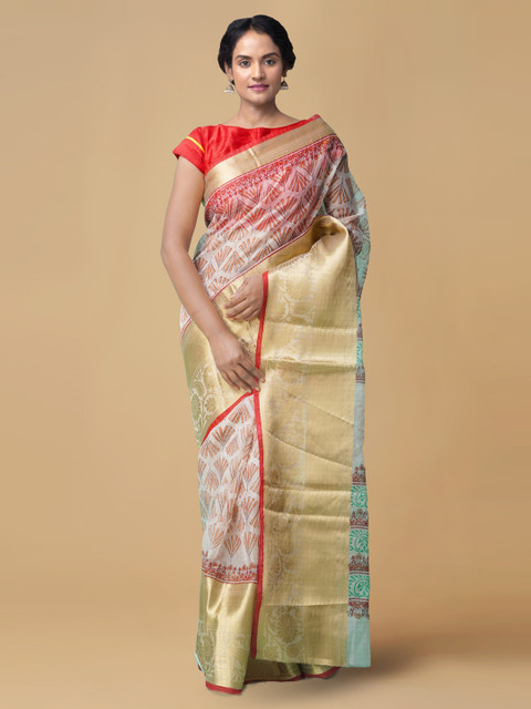 

Unnati Silks Cream-Coloured Organza Woven Design Chanderi Saree