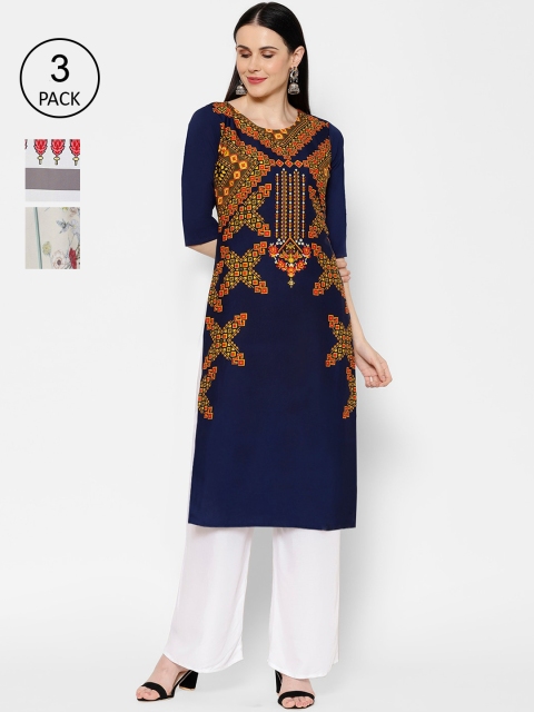 

7Threads Women Multicoloured Printed Straight Kurta Pack of 3, Multi