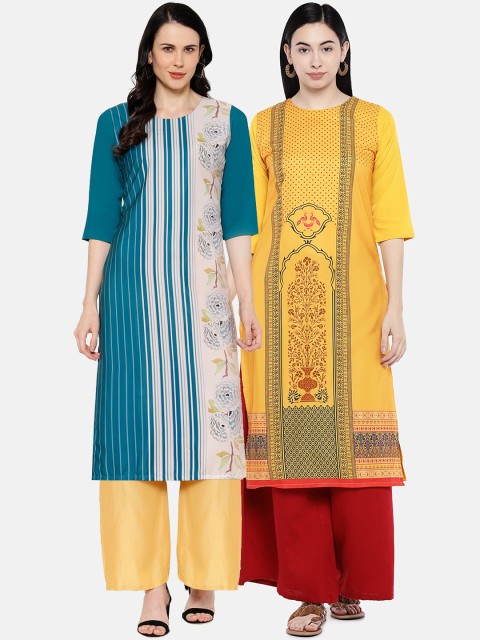 

7Threads Women Multicoloured & Yellow Printed Straight Kurta Pack of 2, Multi