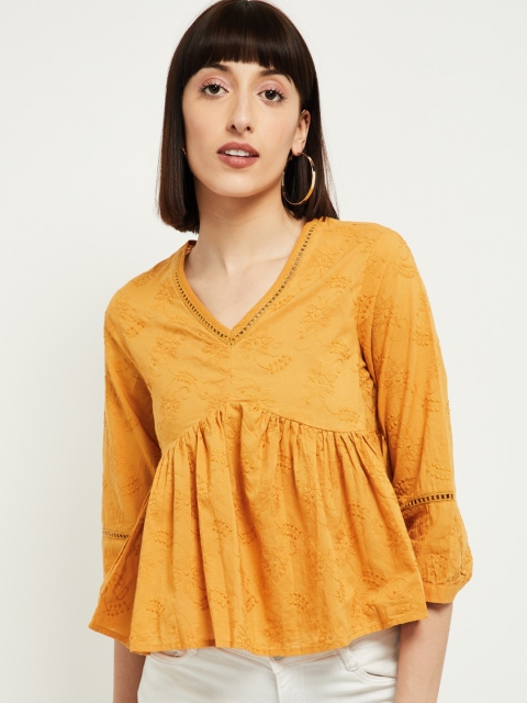 

max Women Yellow Self Design Cotton Peplum Top