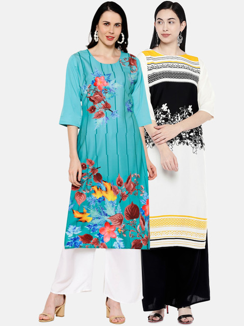 

7Threads Women Multicoloured & Blue Printed Straight Kurta Pack of 2, Multi