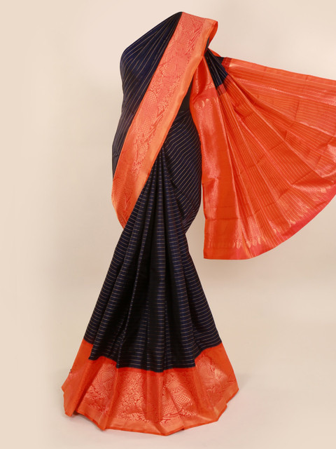 

Pothys Navy Blue Pure Silk Striped Kanjeevaram Saree