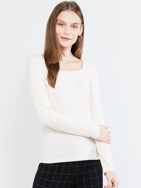 

max Women Cream-Coloured Striped Fitted Top