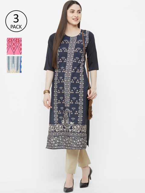 

7Threads Women Pack of 3 Printed Straight Kurtas, Navy blue