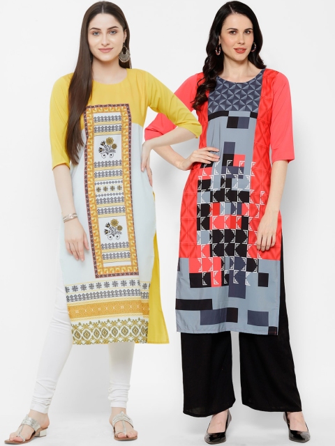 

7Threads Women Multicoloured Printed Straight Kurta Pack of 2, Multi