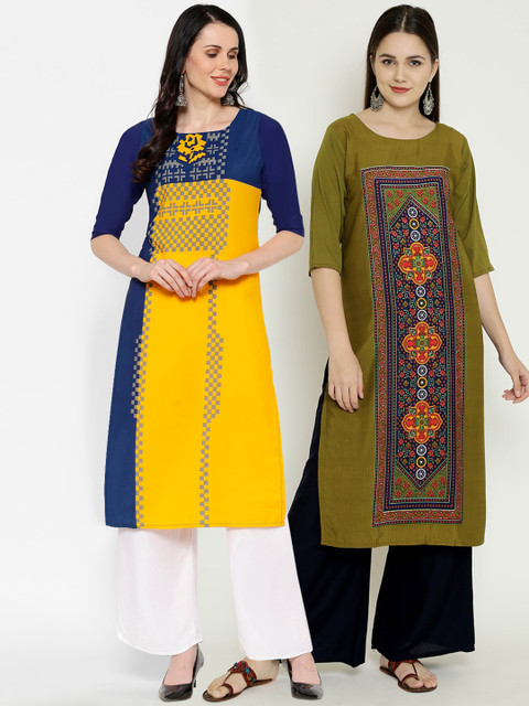 

7Threads Women Multicoloured & Yellow Printed Straight Kurta Pack of 2, Multi
