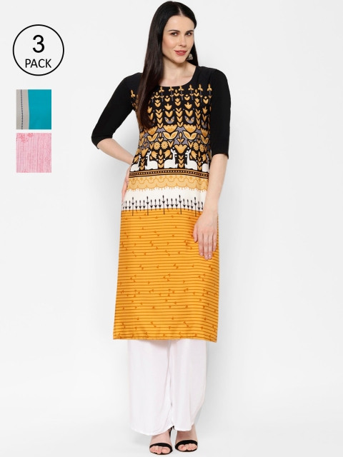 

7Threads Women Multicoloured & Black Printed Straight Kurta Pack of 3, Multi