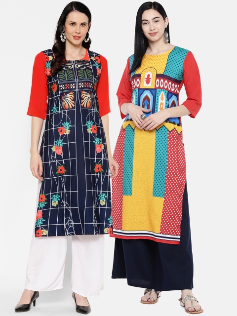 

7Threads Women Multicoloured Printed Straight Kurta Pack Of 2, Multi