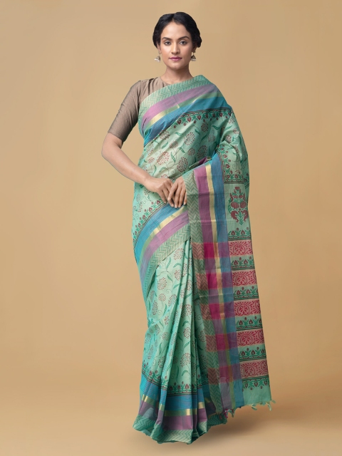 

Unnati Silks Green & Pink Pure Cotton Printed Mangalagiri Saree