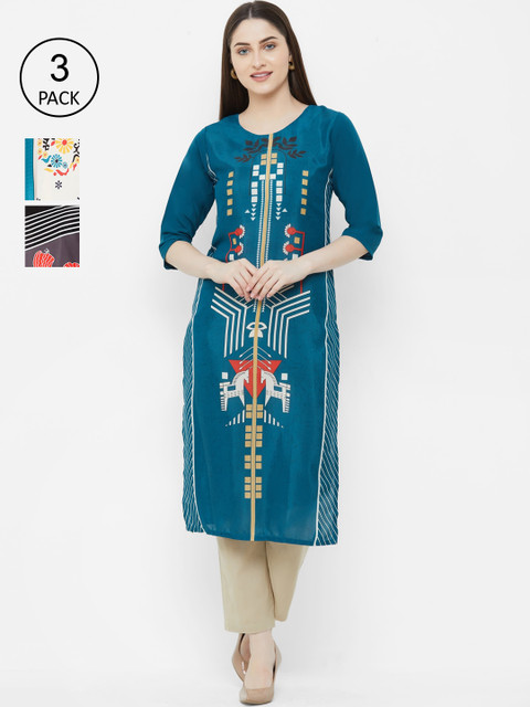

7Threads Women Multicoloured Printed Straight Kurta Pack of 3, Multi