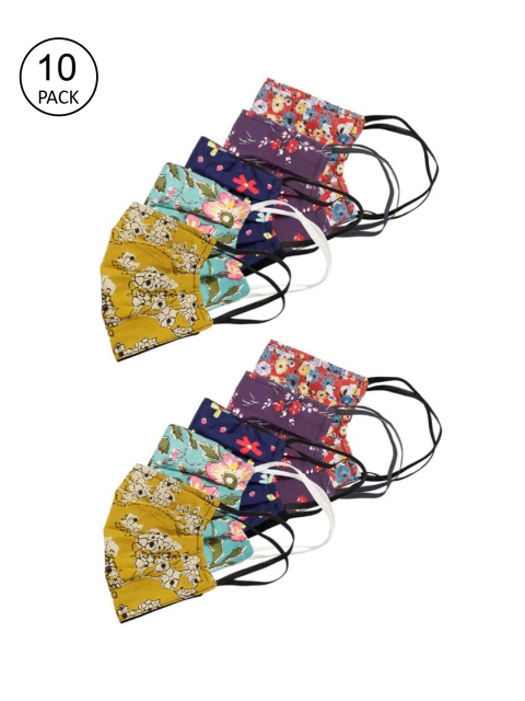 

Bellofox Unisex Pack of 10 Floral Printed 3-Ply Reusable Cloth Masks, Blue