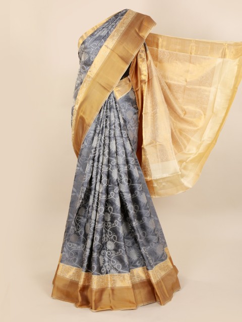 

Pothys Grey & Gold-Toned Pure Silk Printed Kanjeevaram Saree
