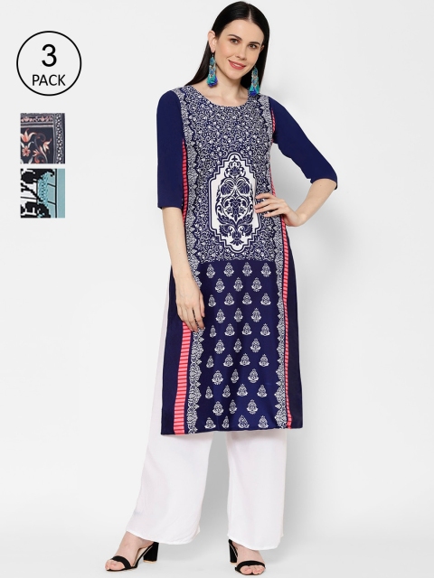 

7Threads Women Multicoloured Printed Straight Kurta Pack Of 3, Multi