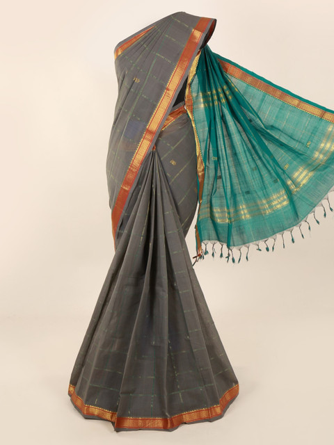 

Pothys Grey & Gold-Toned Pure Cotton Checked Saree