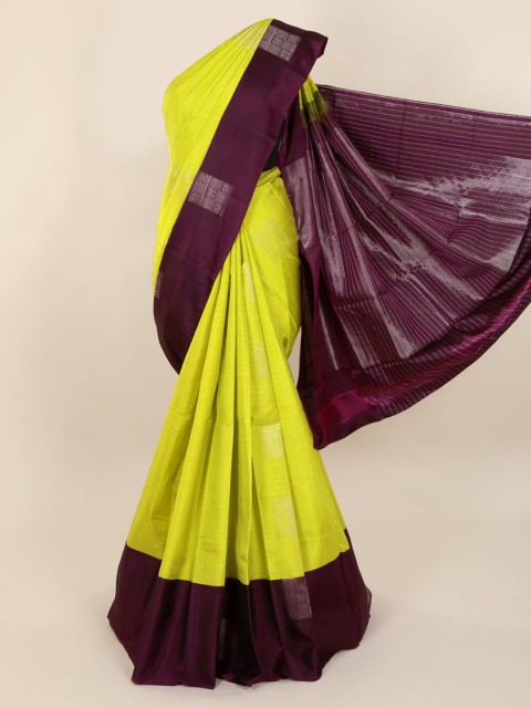 

Pothys Lime Green & Burgundy Pure Silk Striped Kanjeevaram Saree