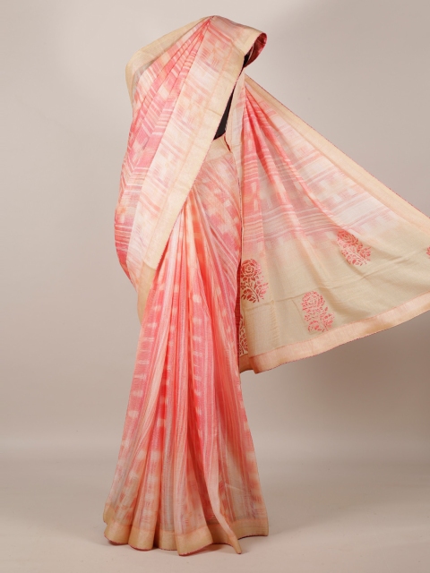 

Pothys Peach-Coloured Printed Poly Georgette Saree with Zari Border