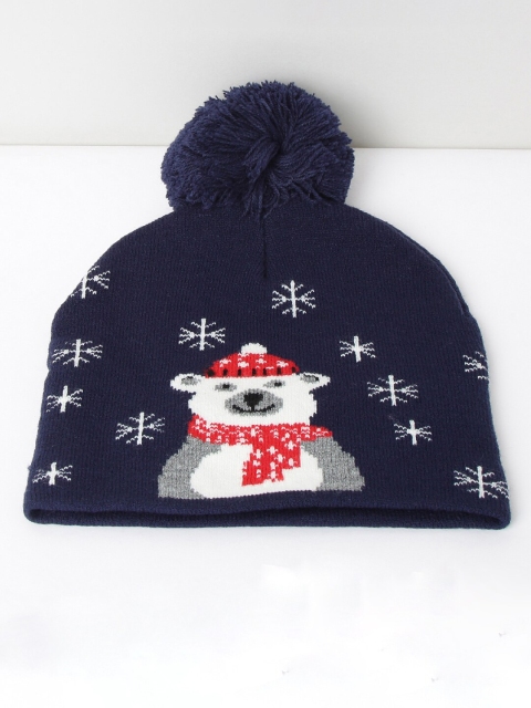 max Boys Navy Blue & White Printed Beanie