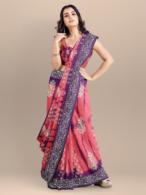 

BharatSthali Pink & Purple Pure Cotton Printed Handloom Block Print Saree