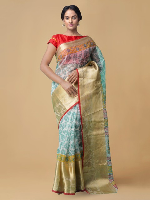 

Unnati Silks White & Blue Organza Printed Chanderi Handloom Saree