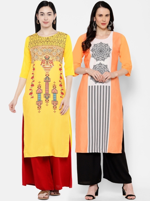 

7Threads Women Multicoloured & Yellow Printed Straight Kurta Pack of 2, Multi