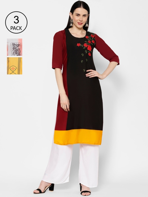 

7Threads Women Pack of 3 Colourblocked Straight Kurtas, Black