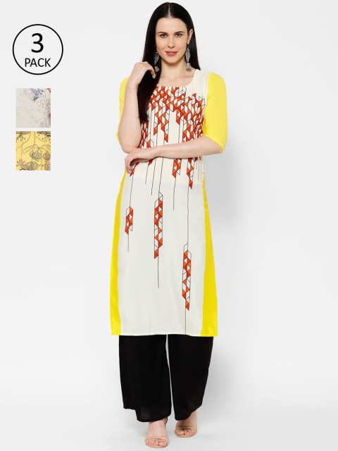 

7Threads Women Pack Of 3 Printed Straight Kurtas, Yellow